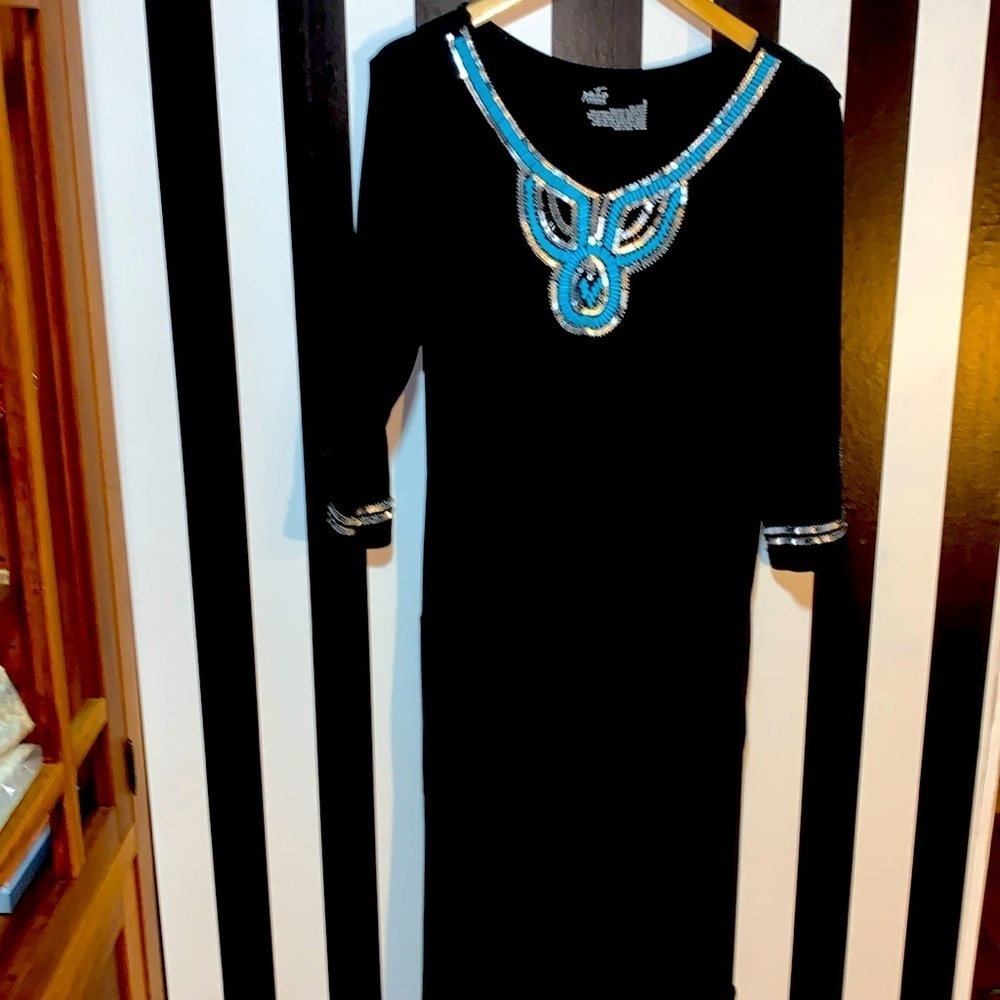Patio Casuals by Cabernet Maxi Dress w/Turquoise & Silver Beading Sequin Trimmed
